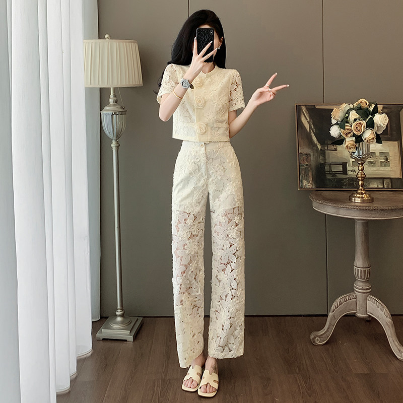2025夏季新款时尚套装女设计感小众气质国风阔腿裤两件套蕾丝长裤