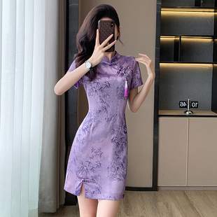 夏季新款开叉连衣裙气质小个子短款少女复古修身中国风收腰裙子女