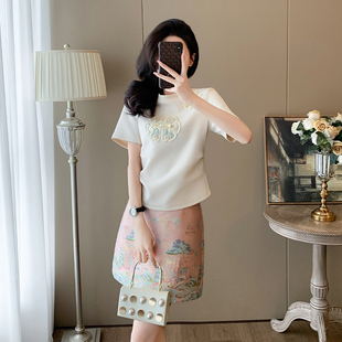 小香风新中式休闲时尚套装女夏减龄洋气小个子盘扣上衣短裙两件套