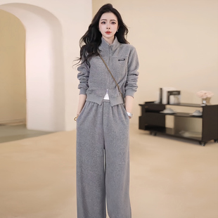 2025新款休闲运动套装女秋冬装加绒灰色卫衣长裤减龄时尚运动穿搭