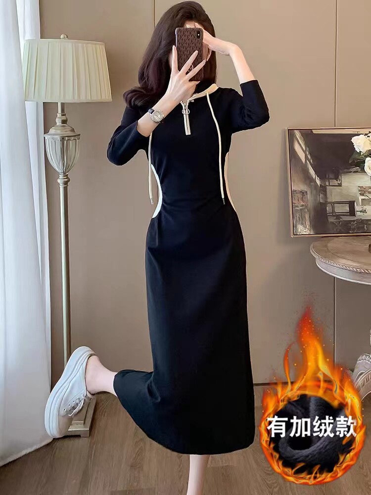 秋冬加绒中长款打底连帽连衣裙