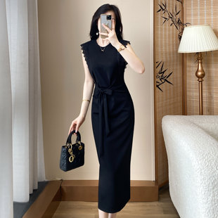 赫本风黑色蕾丝飞飞袖连衣裙女收腰系带中长款显瘦气质显瘦夏季裙