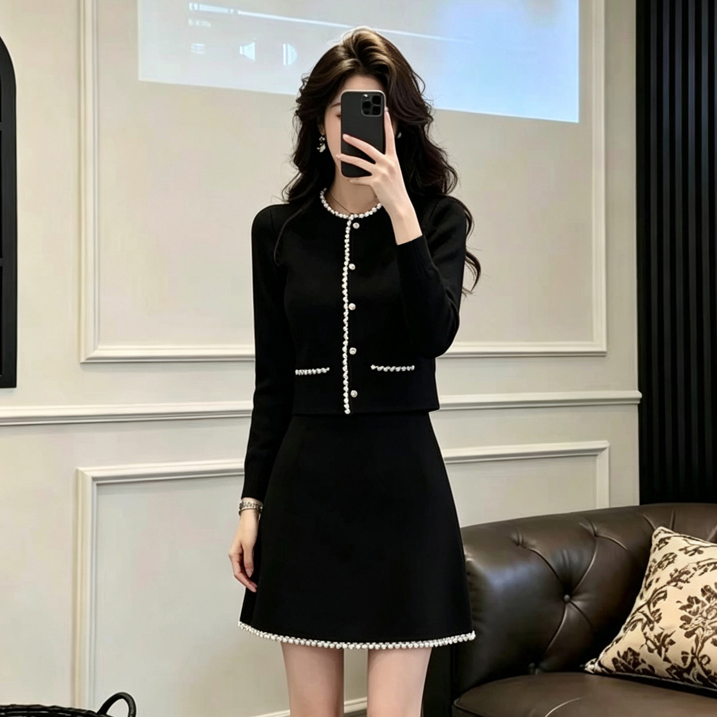 小香风珍珠扣针织开衫裙套装女