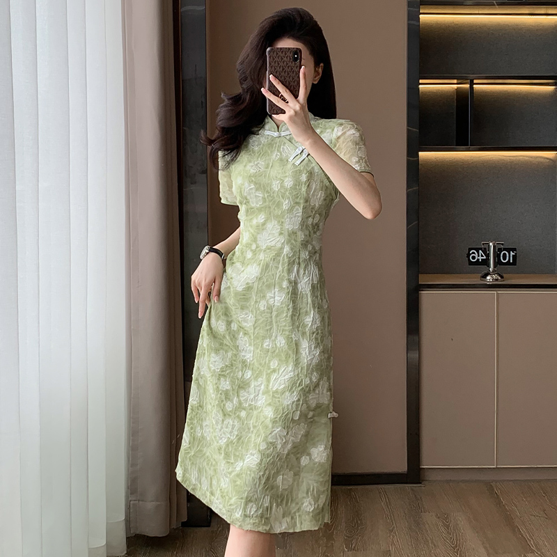 法式收腰中国风裙子提花女