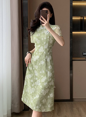 中长款夏季碎花气质显瘦绿色少女复古法式收腰中国风裙子提花女