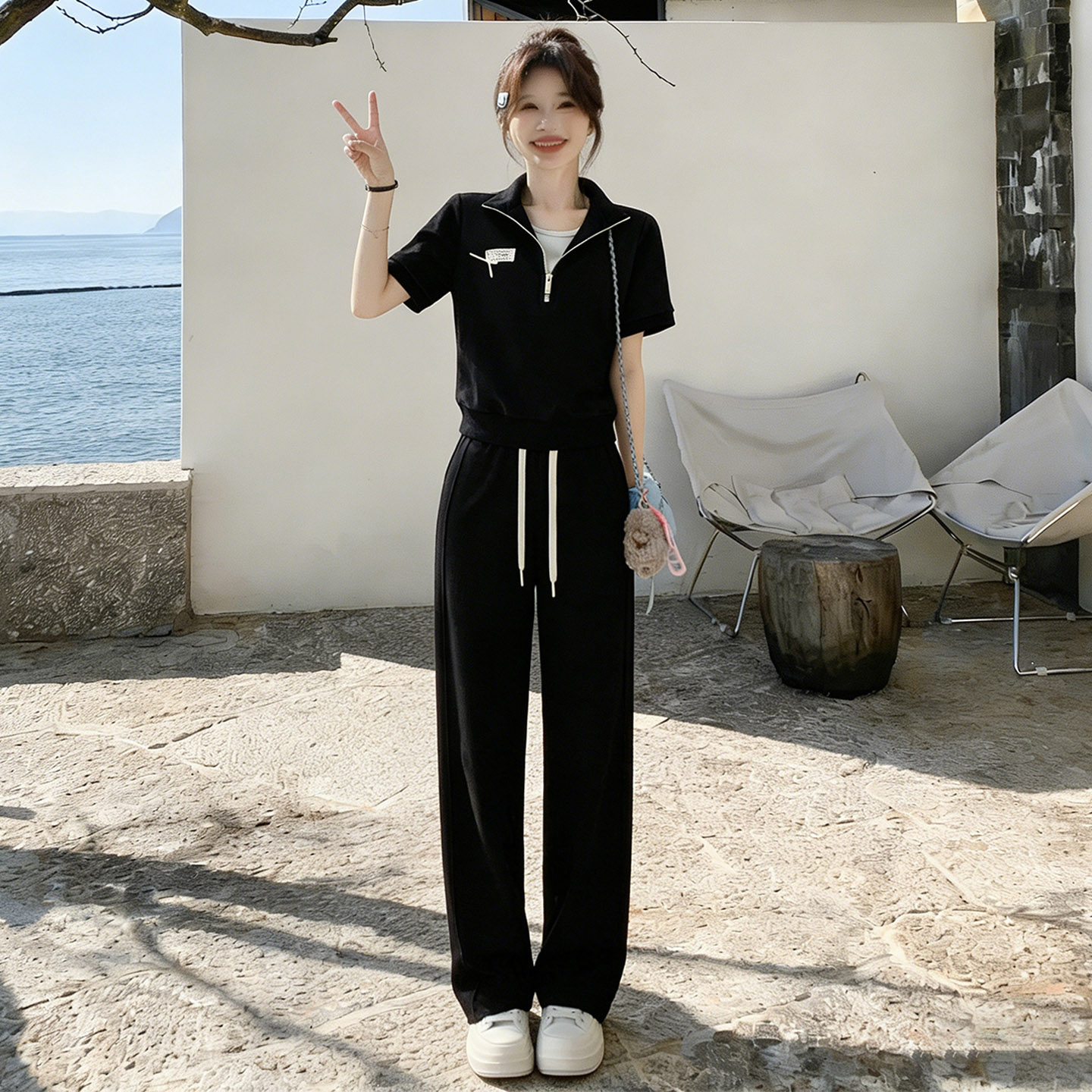 夏季新款显瘦翻领短袖阔腿套装
