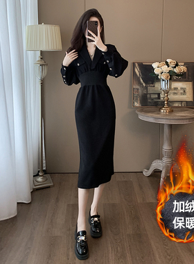 黑色法式独特连衣裙女秋冬收腰显瘦气质高级感超好看v领加绒裙子