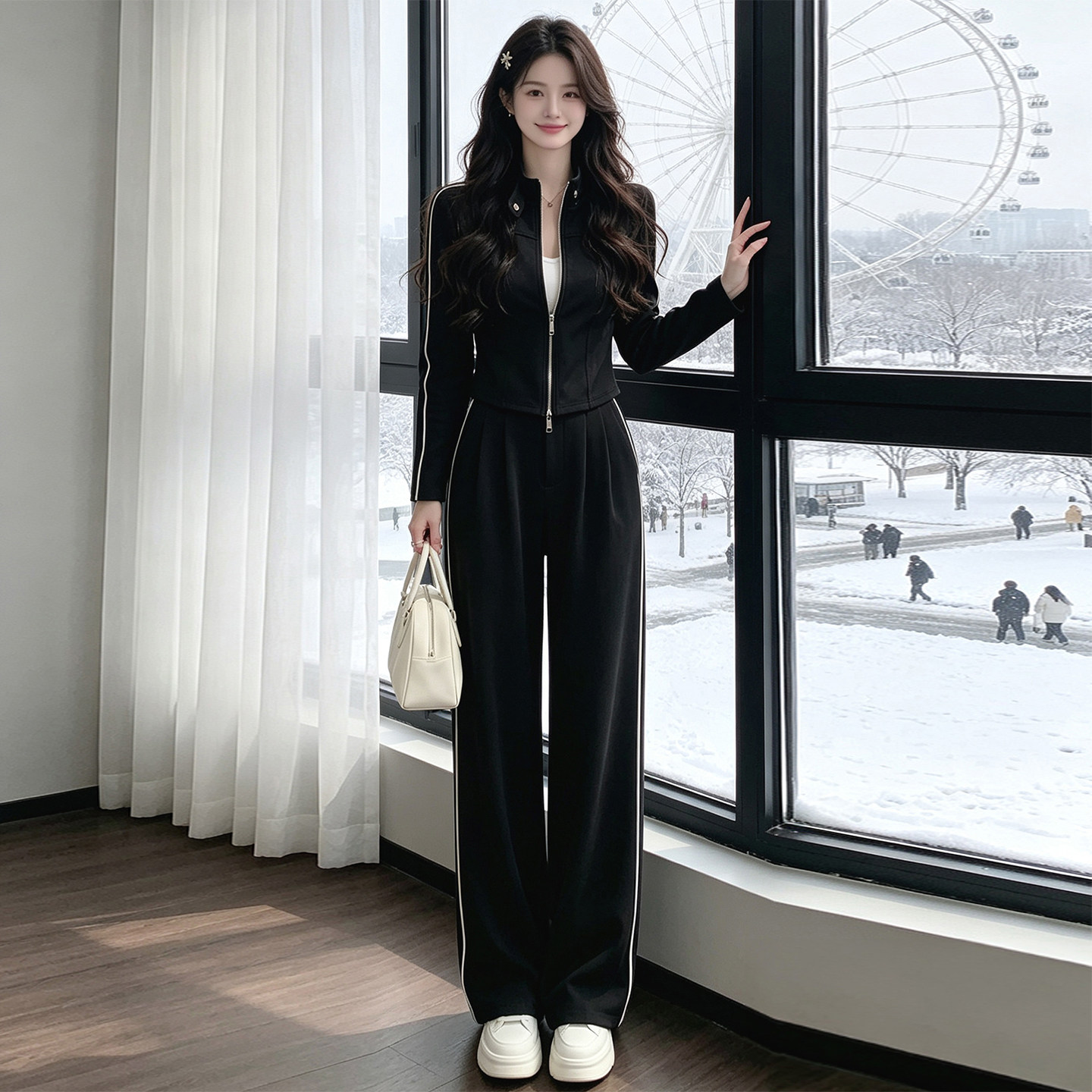 春秋黑色立领显瘦女运动两件套
