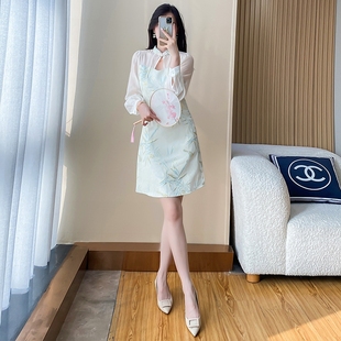 小个子连衣裙2024秋装新款改良旗袍长袖气质收腰显瘦拼接新中式女