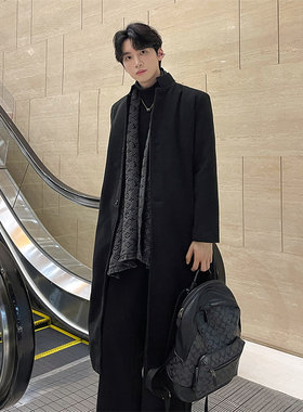 男士风衣超长款过膝毛呢子大衣男青年韩版立领秋冬加棉保暖外套男