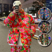 棉衣裤 情侣大码 国潮复古外套牡丹花网红棉服 男冬季 东北大花袄套装