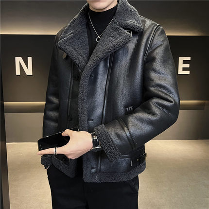 皮毛一体男款外套冬季2024新款羊羔毛翻领棉衣男士机车加绒皮夹克