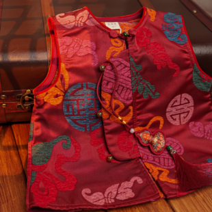 八宝葫芦男女童旗袍拜年服红色中国风复古儿童连衣裙改良唐装马甲