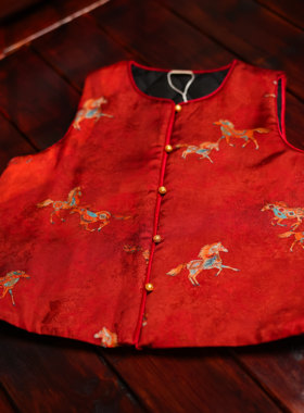 真丝加人丝亲子款马甲女加厚拜年服红色中国风复古儿童唐装马甲
