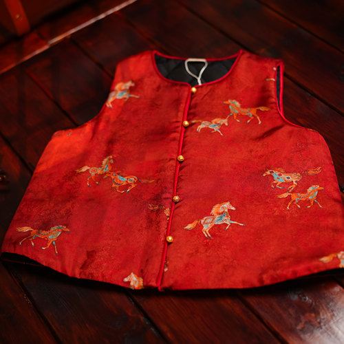 真丝加人丝亲子款马甲女加厚拜年服红色中国风复古儿童唐装马甲