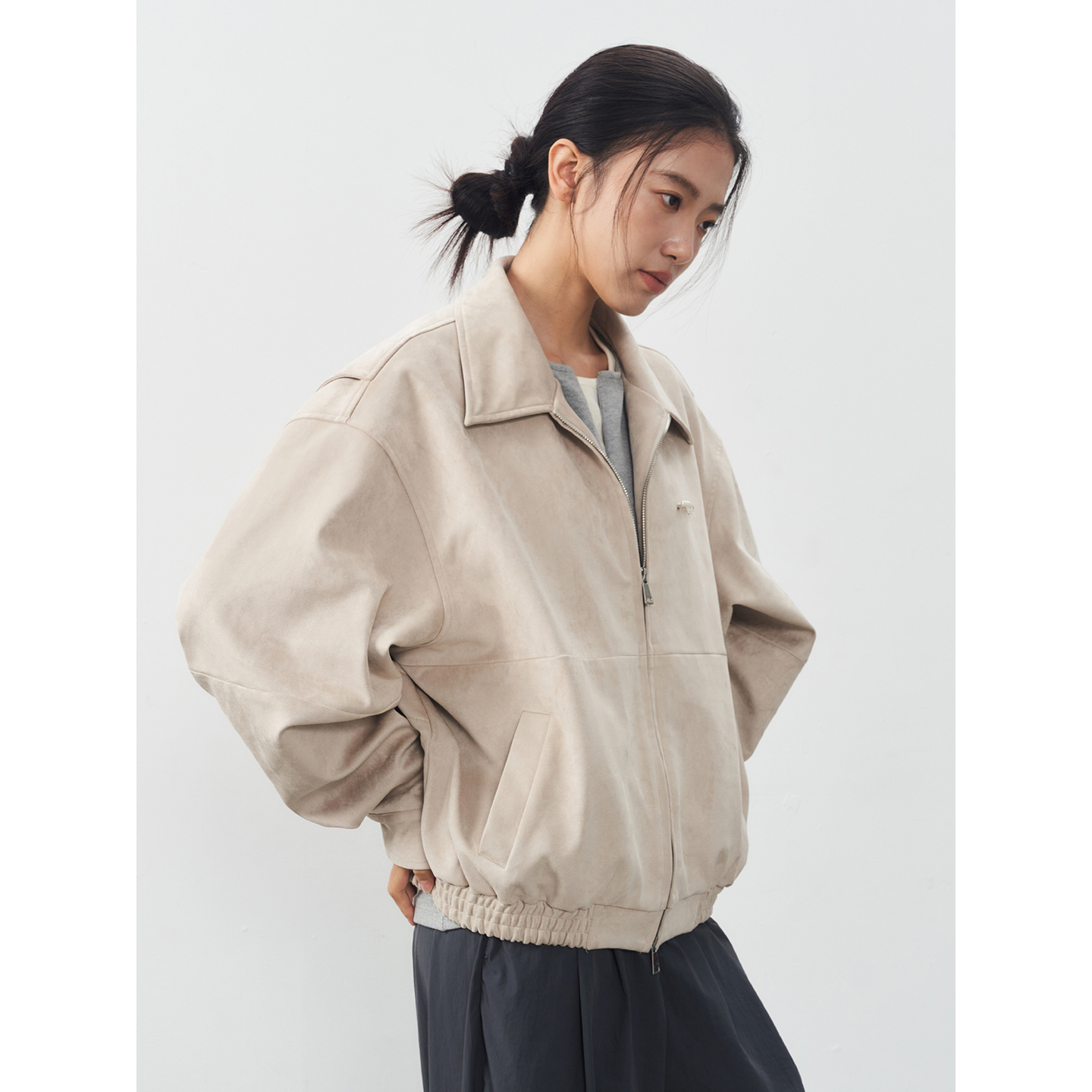 11st crops*pearl jacket 松弛结构珍珠别针胸针麂皮绒夹克外套