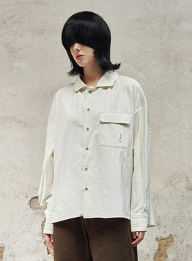 11St Crops 定制青色压褶原创设计师无性别潮牌宽松上衣长袖衬衫