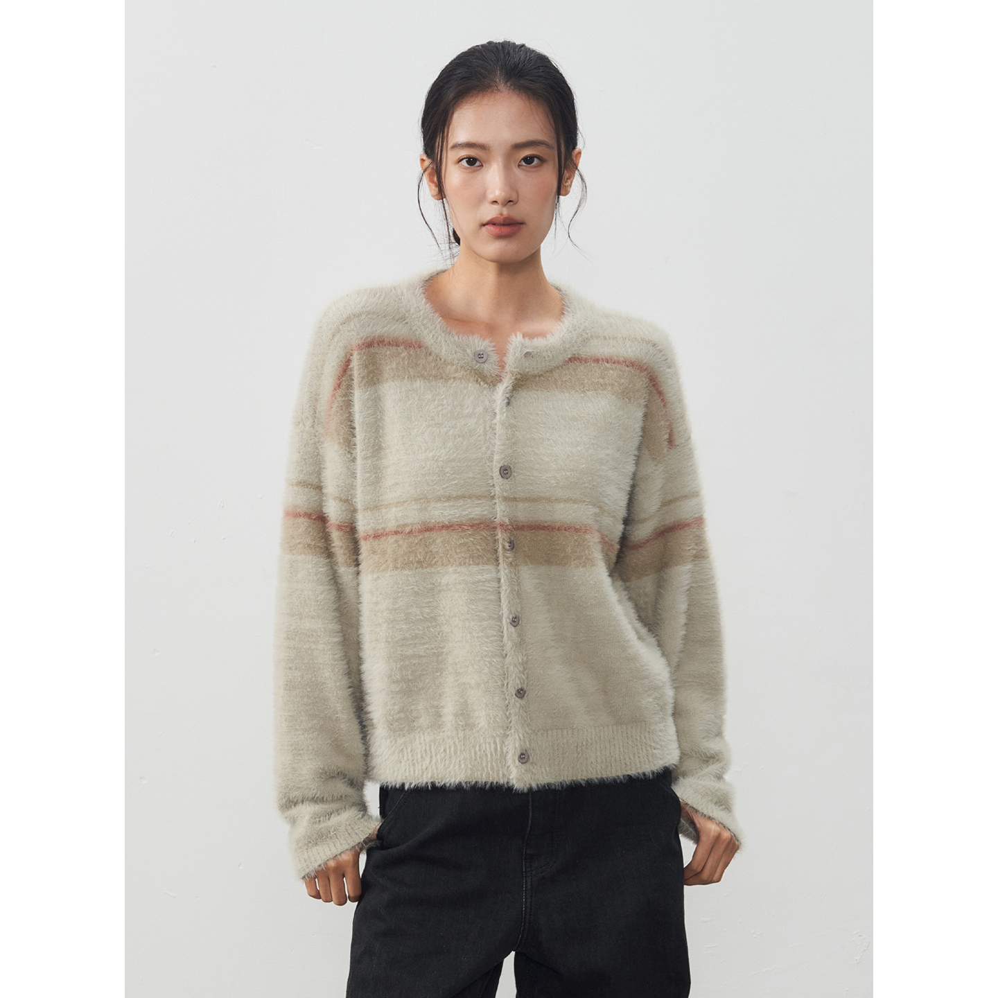 11st crops*mohair sweater 马海毛软糯条纹拼色针织开衫毛衣