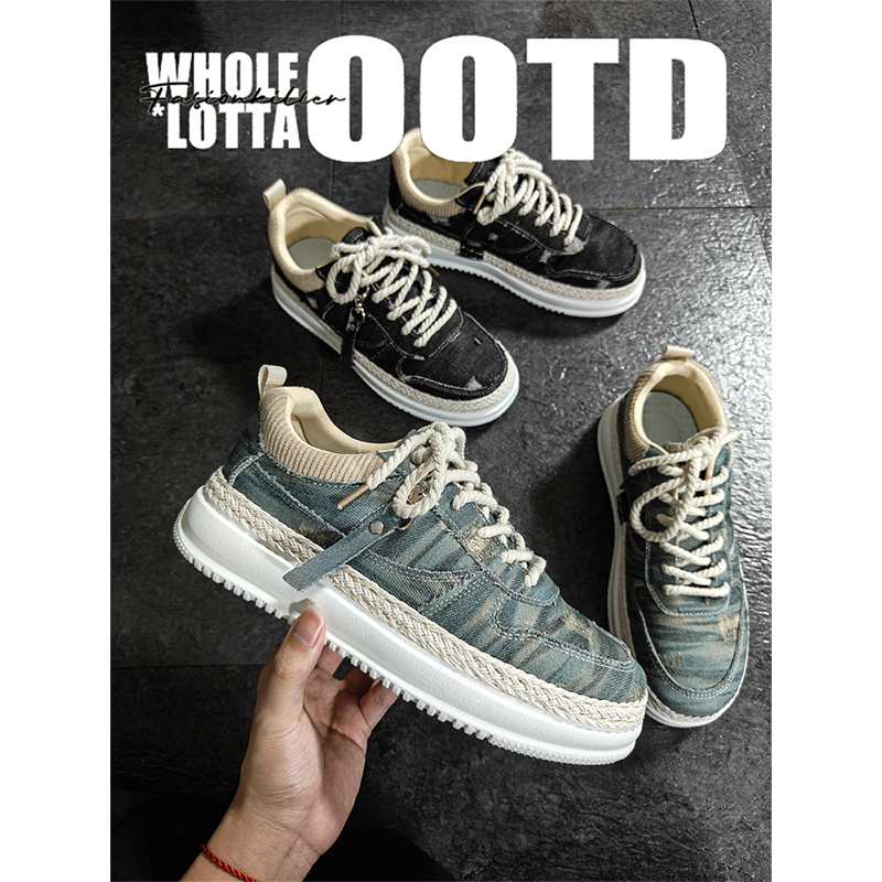 NewRockstarChoppa 夏季透气小众破碎帆布鞋男款厚底运动休闲板鞋