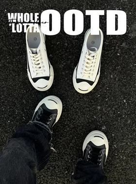 NewRockStarChoppa 经典开口笑厚底帆布鞋男秋季休闲学生小白板鞋