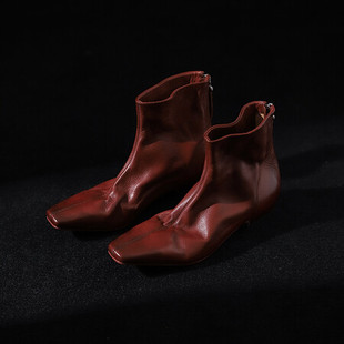 l'avance真皮 法式复古女2.5cm时髦精重工水洗马皮低跟方头短靴子