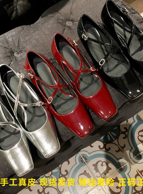 L'avance羊漆皮复古玛丽珍真皮交叉带方头红色女单鞋粗跟小皮鞋4c