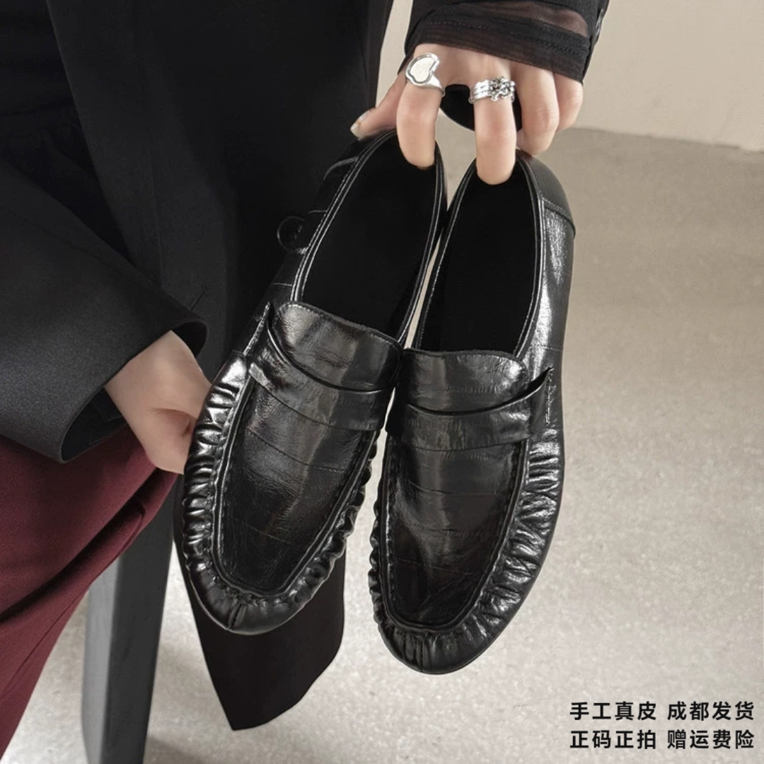 L'avance牛皮乐福鞋2026秋款高品质女鞋巨舒适纯皮单鞋平跟豆豆鞋