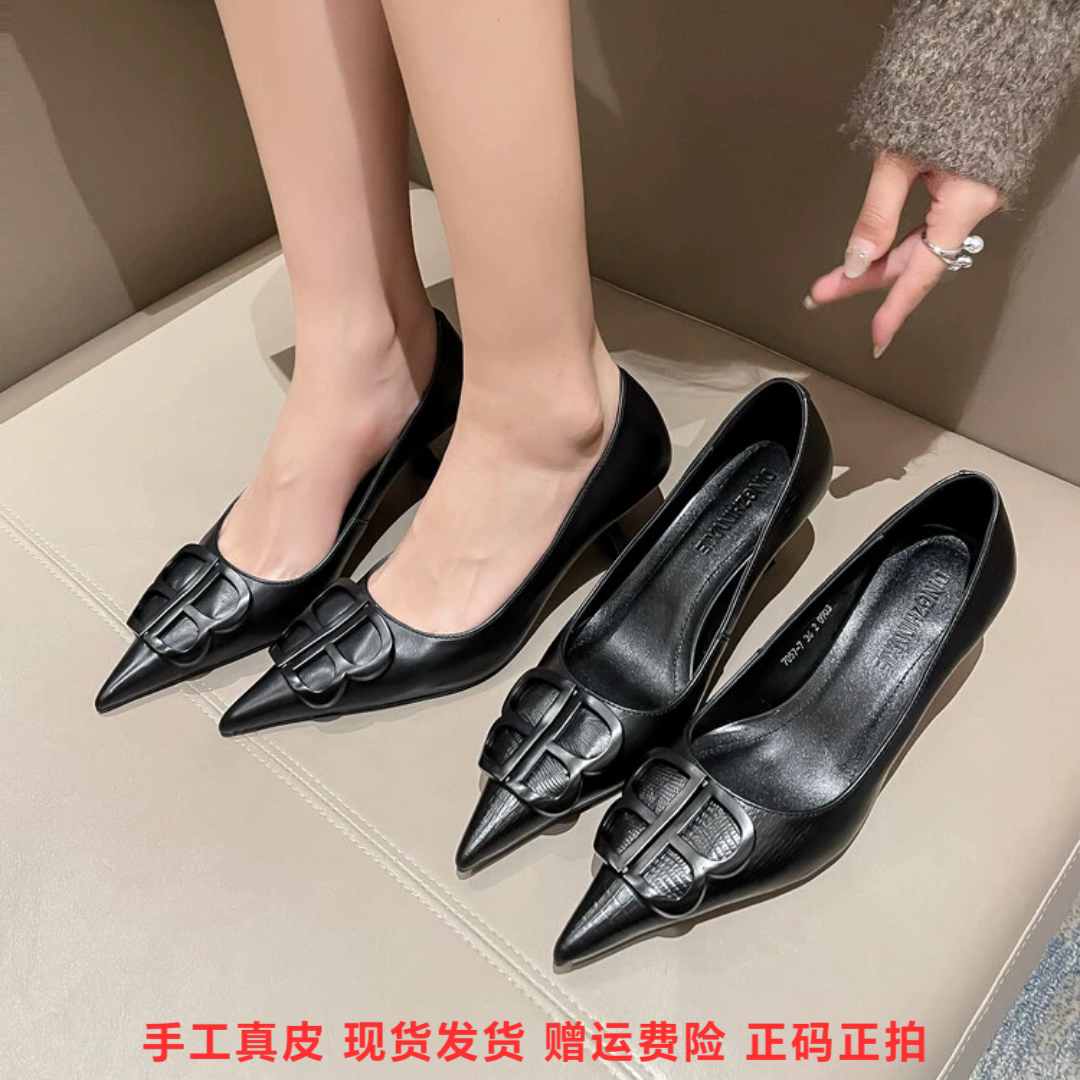 l'avance真皮尖头高跟鞋女老钱风vintage百搭通勤不累脚小个子6cm