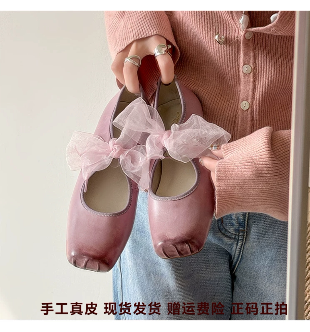 L'avance头层牛皮显瘦小皮鞋法式复古真皮单鞋蝴蝶结平底芭蕾舞鞋