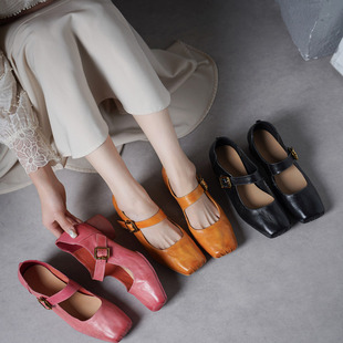 lavance真皮法式复古4cm时髦精高级感植鞣马皮重工猪鼻子芭蕾舞鞋