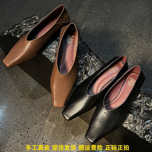 复古女2cm方头V口女巫奶奶鞋 配裙子软皮平底单鞋 avance真皮法式