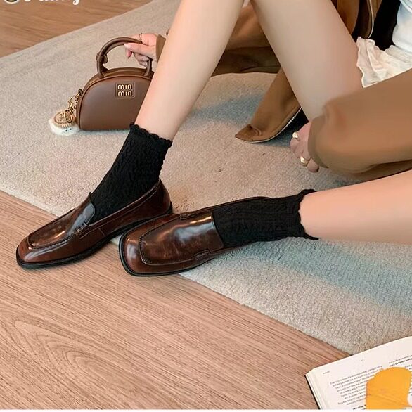 l'avance真皮 法式复古女2.5cm开边珠牛皮乐福鞋春秋巨好穿单鞋子