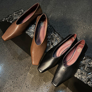 l'avance真皮法式复古女2cm方头V口女巫奶奶鞋配裙子软皮平底单鞋