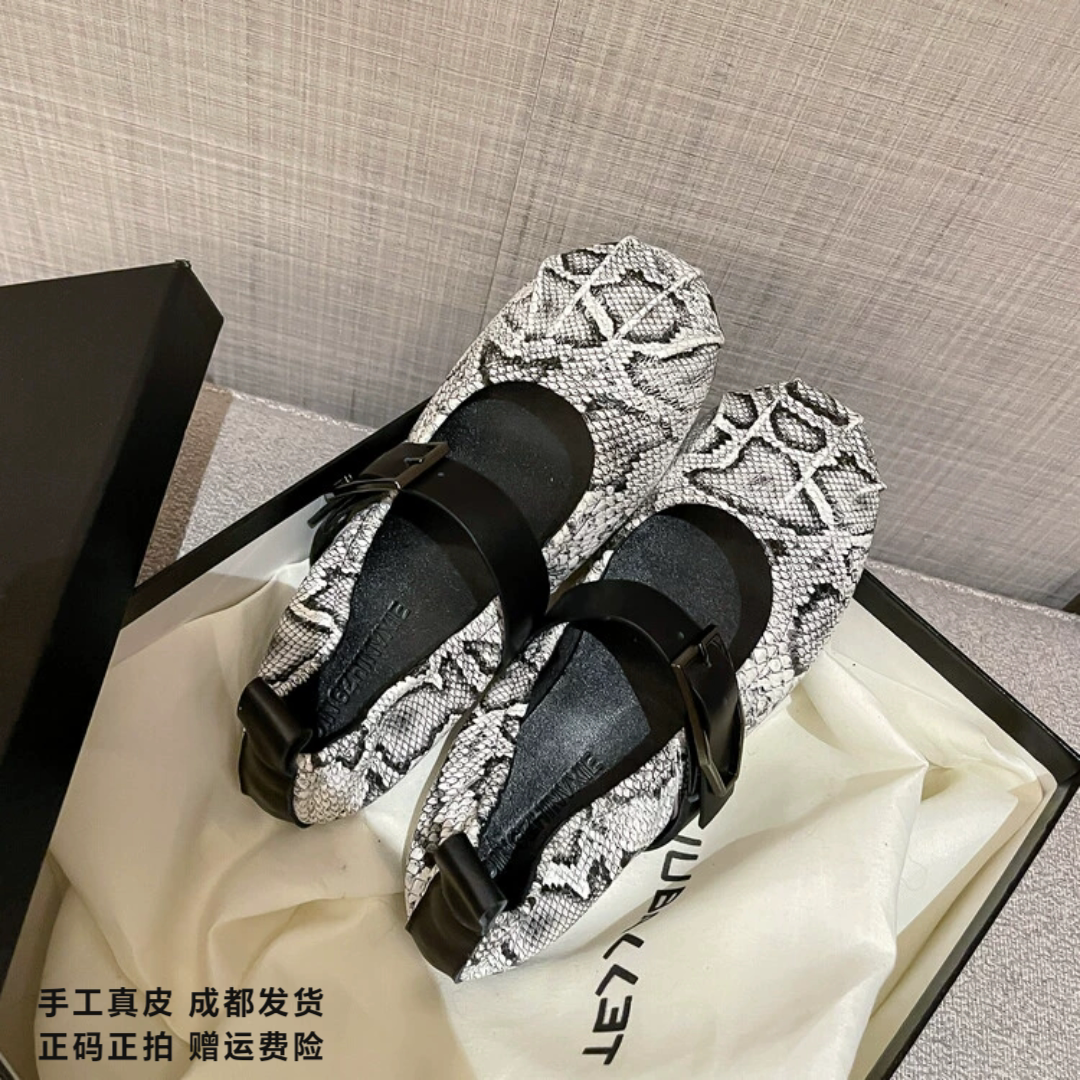 L'avance蛇纹芭蕾鞋2026秋款高品质女鞋巨舒适纯皮单玛丽珍耙耙鞋