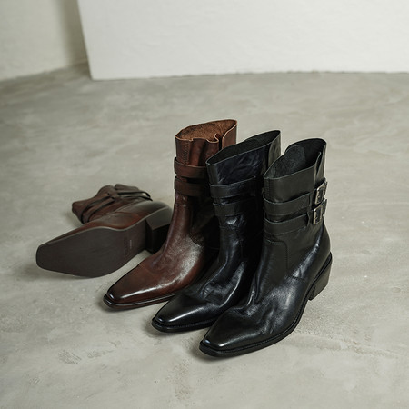 l'avance真皮 法式复古女5cm时髦精头层水洗洋气马丁靴气质西部靴