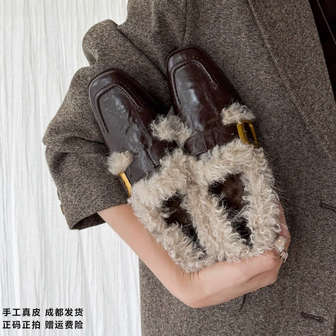 L'avance羊皮毛毛鞋2026冬高品质女鞋巨舒适纯皮单鞋可可棕小皮鞋