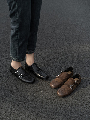 l'avance胎牛皮雕花小皮鞋平底孟克鞋复古女英伦布洛克双扣单鞋子