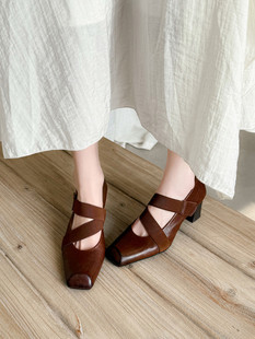 L'avance水洗牛皮增高小皮鞋复古女真皮高跟鞋一字带玛丽珍单鞋6c