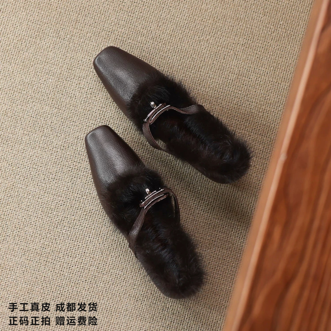 L'avance羊皮毛毛鞋2026冬高品质女鞋巨舒适纯皮单鞋可可棕小皮鞋