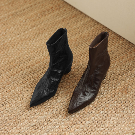 l'avance真皮 法式复古女5.5cm时髦精内增高羊皮短靴洋气瘦瘦靴子