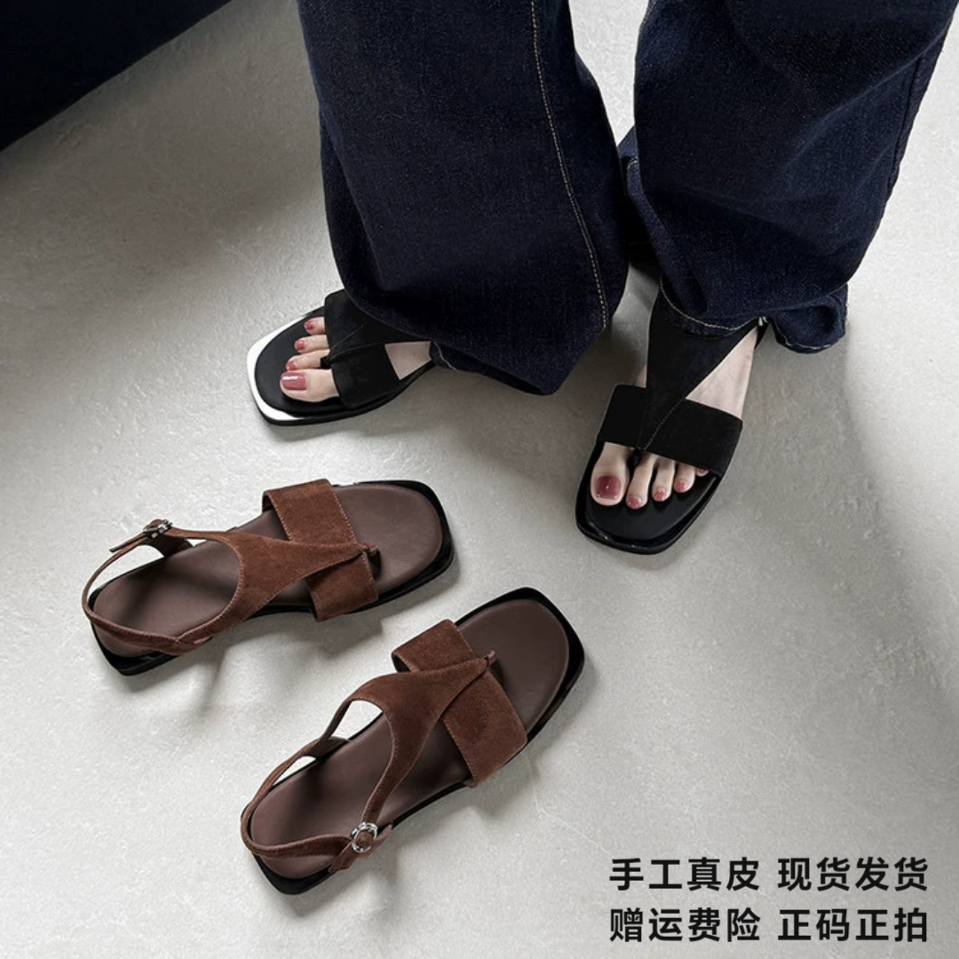 L'avance羊翻皮夹趾凉鞋2026新款高品质手工真皮女鞋复古百搭平跟