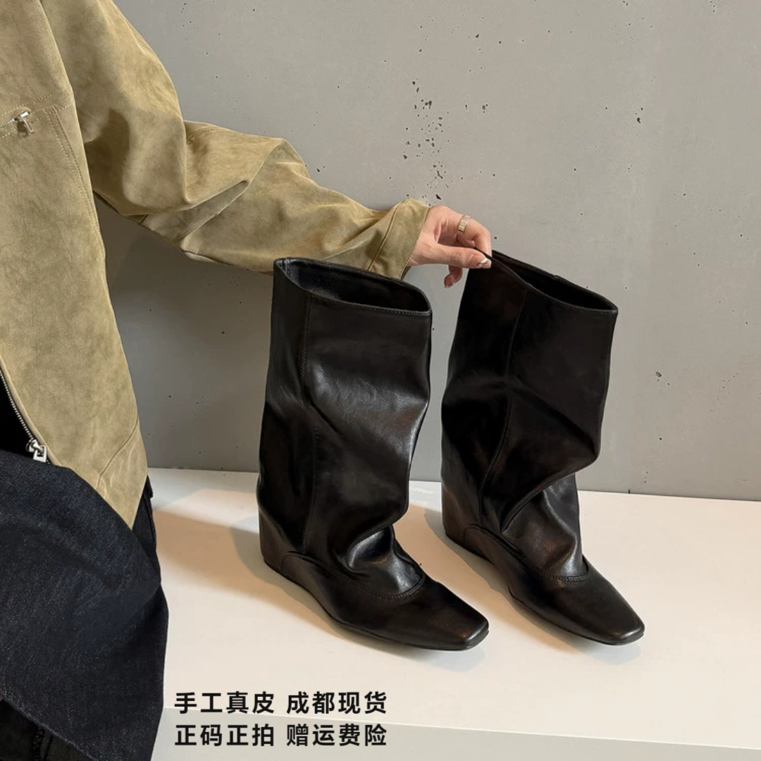 L'avance牛皮堆堆靴2026高品质女鞋巨舒适通勤时装靴韩系穿搭短靴