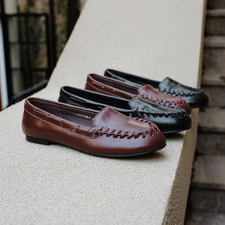 l'avance真皮 法式复古1.5cm时髦精植鞣牛皮手工缝线抽褶芭蕾乐福