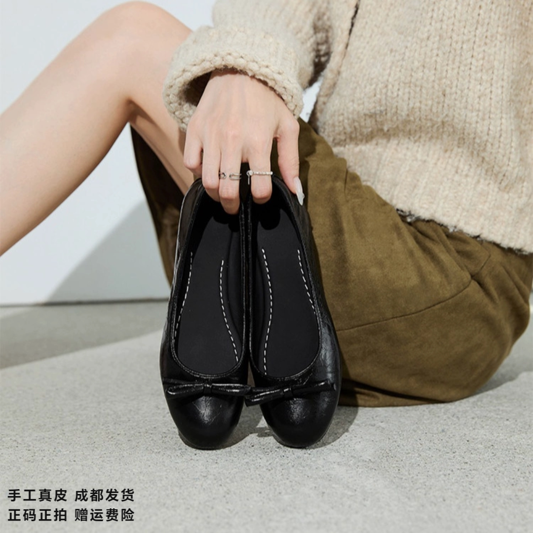 L'avance牛皮芭蕾鞋2026秋款高品质女鞋巨舒适纯皮单鞋平底小皮鞋