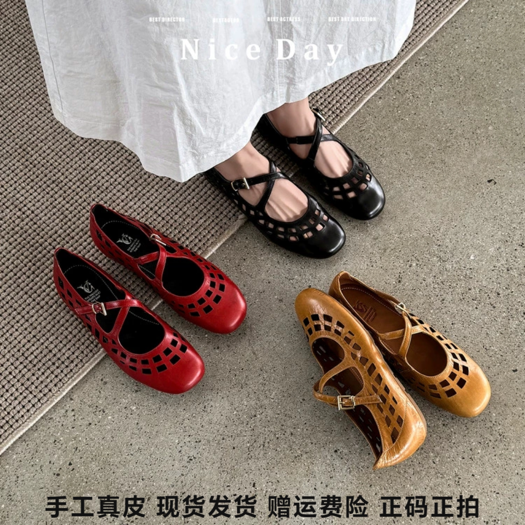 L'avance牛皮镂空玛丽珍2026新款女真皮单鞋夏通勤不磨脚平底凉鞋