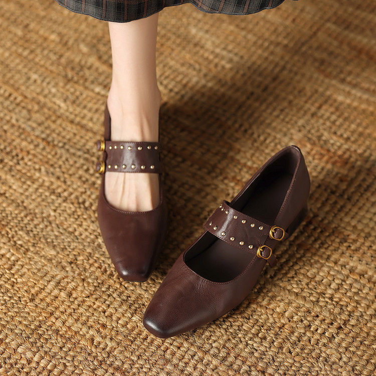 方头粗跟橡胶手工真皮头层水洗牛皮浅口单鞋