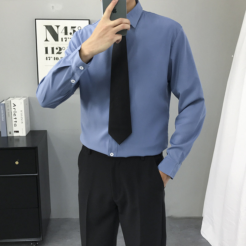纯色衬衣秋季男士百搭长袖修身垂感潮流青年商务休闲正装免烫衬衫