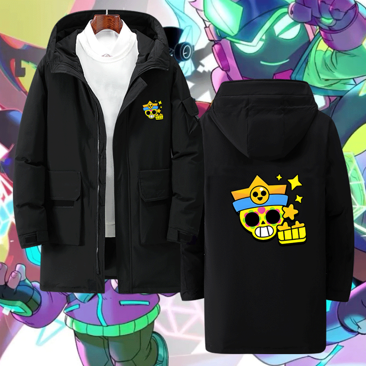 荒野乱斗周边游戏莫提斯波克男女情侣可定制保暖连帽中长款羽绒服