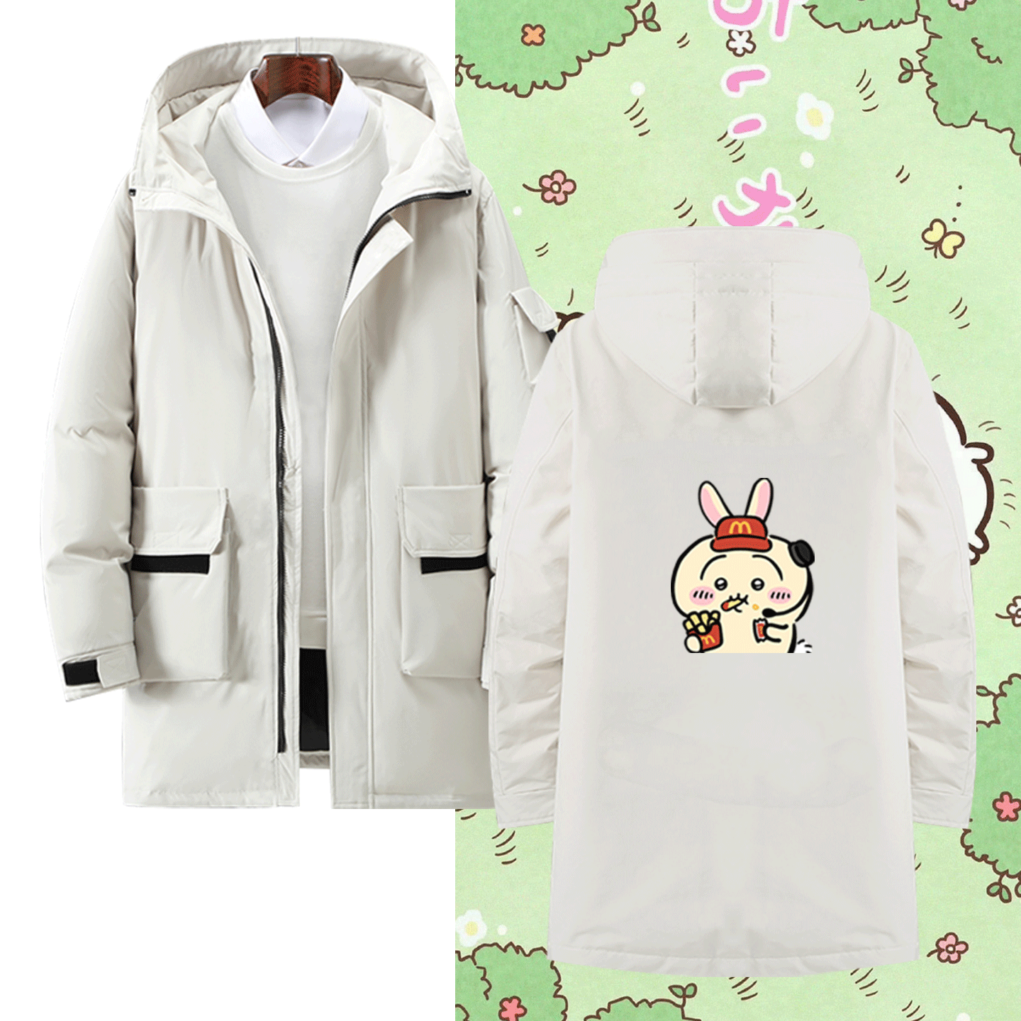 男女秋冬季情侣款可定制保暖中长款羽绒服可爱趣味线条小狗量身高