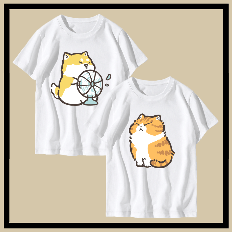 吹风柴犬橘猫宽松款短袖t恤情侣装2021新款潮牌男女纯棉定制半袖